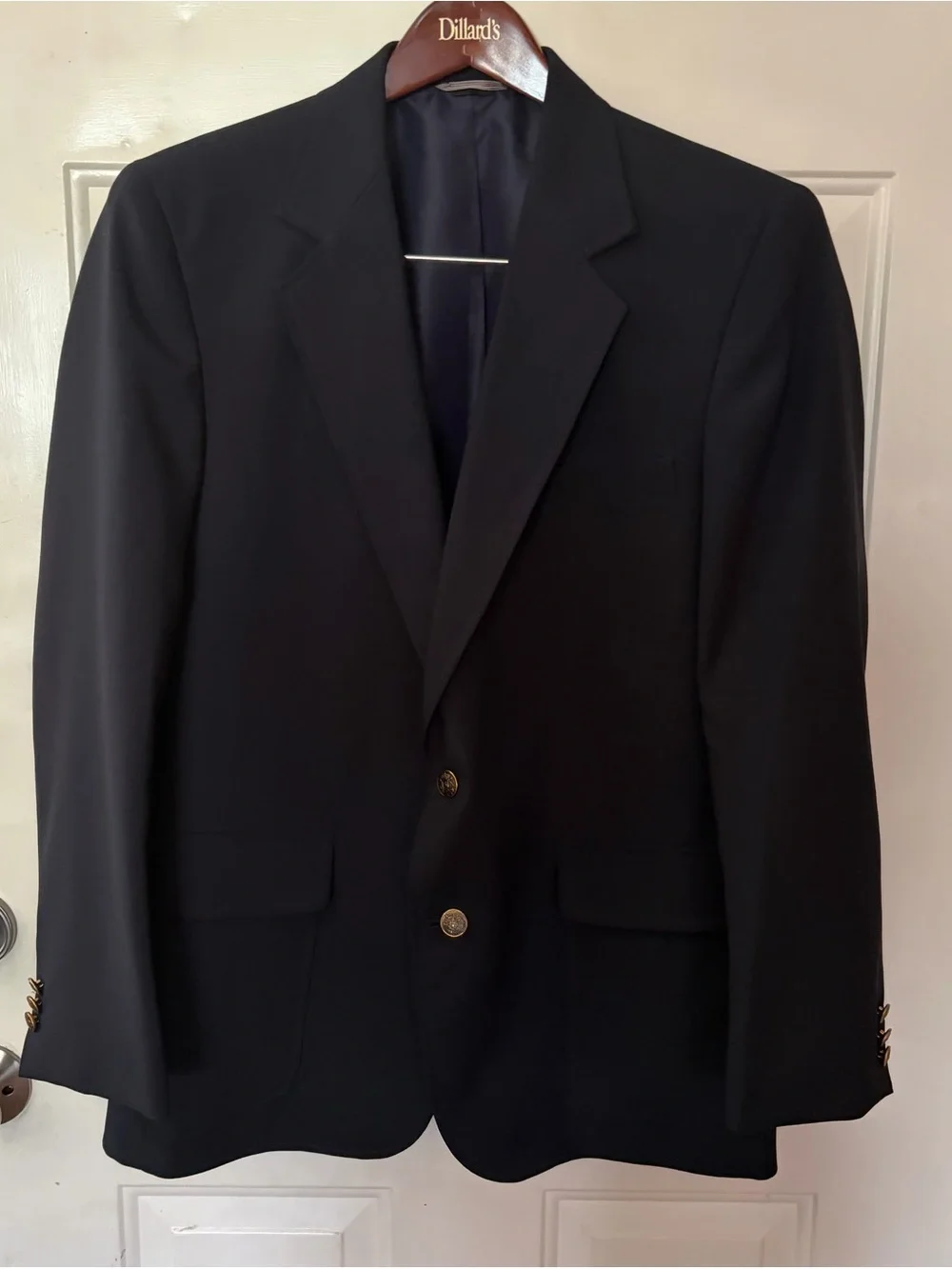 Haggar Navy Two-Button Sport Coat blazer jacket Gold Buttons washable Sz 42R EUC
